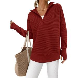 imagePRETTYGARDEN Womens Long Sleeve Quarter Zip Pullover Sweater Casual Loose V Neck Collared Ribbed Knit Jumper Tops Thumb HoleDark Red