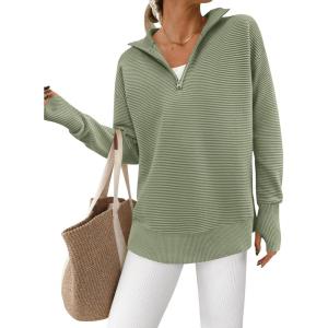 imagePRETTYGARDEN Womens Long Sleeve Quarter Zip Pullover Sweater Casual Loose V Neck Collared Ribbed Knit Jumper Tops Thumb HoleGrey Green