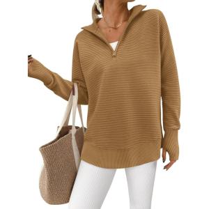 imagePRETTYGARDEN Womens Long Sleeve Quarter Zip Pullover Sweater Casual Loose V Neck Collared Ribbed Knit Jumper Tops Thumb HoleKhaki