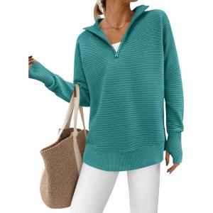 imagePRETTYGARDEN Womens Long Sleeve Quarter Zip Pullover Sweater Casual Loose V Neck Collared Ribbed Knit Jumper Tops Thumb HoleLake Blue