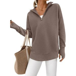 imagePRETTYGARDEN Womens Long Sleeve Quarter Zip Pullover Sweater Casual Loose V Neck Collared Ribbed Knit Jumper Tops Thumb HoleLight Brown