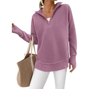 imagePRETTYGARDEN Womens Long Sleeve Quarter Zip Pullover Sweater Casual Loose V Neck Collared Ribbed Knit Jumper Tops Thumb HoleLight Purple