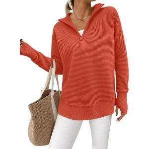 imagePRETTYGARDEN Womens Long Sleeve Quarter Zip Pullover Sweater Casual Loose V Neck Collared Ribbed Knit Jumper Tops Thumb HoleOrange
