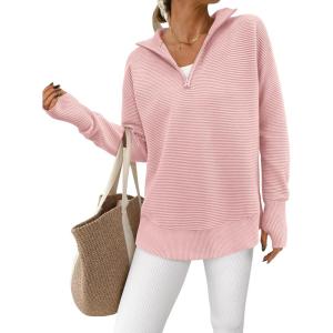 imagePRETTYGARDEN Womens Long Sleeve Quarter Zip Pullover Sweater Casual Loose V Neck Collared Ribbed Knit Jumper Tops Thumb HolePink