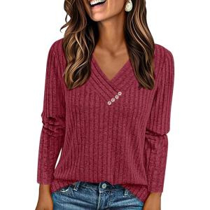 imagePRETTYGARDEN Womens Long Sleeve Shirts 2026 Fall Fashion Clothes Ribbed V Neck Spring Loose Tunic Tops Lightweight SweatersBurgundy
