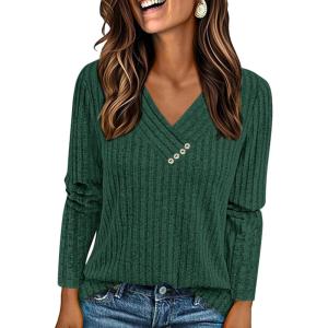 imagePRETTYGARDEN Womens Long Sleeve Shirts 2026 Fall Fashion Clothes Ribbed V Neck Spring Loose Tunic Tops Lightweight SweatersDark Green