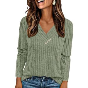 imagePRETTYGARDEN Womens Long Sleeve Shirts 2026 Fall Fashion Clothes Ribbed V Neck Spring Loose Tunic Tops Lightweight SweatersGreen
