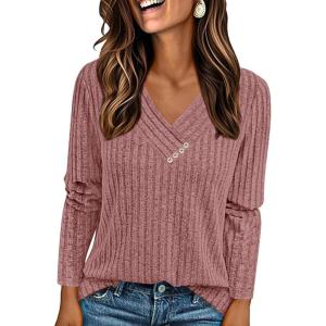imagePRETTYGARDEN Womens Long Sleeve Shirts 2026 Fall Fashion Clothes Ribbed V Neck Spring Loose Tunic Tops Lightweight SweatersPink