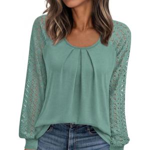 imagePRETTYGARDEN Womens Long Sleeve Shirts Lace Tops 2026 Spring Fashion Outfits Dressy Casual Blouses Work ClothesSage Green