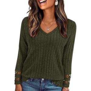 imagePRETTYGARDEN Womens Long Sleeve Shirts Ribbed Knit V Neck Tee Dressy Casual Blouses Going Out Tunic Tops 2026 Fall OutfitsArmy Green