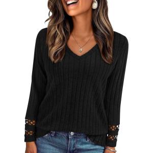 imagePRETTYGARDEN Womens Long Sleeve Shirts Ribbed Knit V Neck Tee Dressy Casual Blouses Going Out Tunic Tops 2026 Fall OutfitsBlack