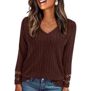 imagePRETTYGARDEN Womens Long Sleeve Shirts Ribbed Knit V Neck Tee Dressy Casual Blouses Going Out Tunic Tops 2026 Fall OutfitsBrown