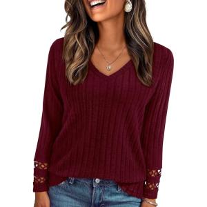 imagePRETTYGARDEN Womens Long Sleeve Shirts Ribbed Knit V Neck Tee Dressy Casual Blouses Going Out Tunic Tops 2026 Fall OutfitsBurgundy