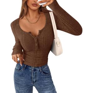 imagePRETTYGARDEN Womens Long Sleeve Tops 2026 Spring Fashion Clothes Henley Shirts Slim Fitted Ribbed Tees Blouses Fall OutfitsBrown