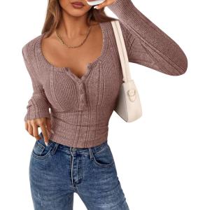 imagePRETTYGARDEN Womens Long Sleeve Tops 2026 Spring Fashion Clothes Henley Shirts Slim Fitted Ribbed Tees Blouses Fall OutfitsPink
