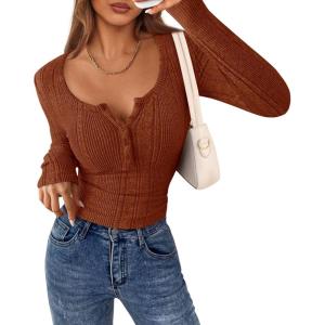 imagePRETTYGARDEN Womens Long Sleeve Tops 2026 Spring Fashion Clothes Henley Shirts Slim Fitted Ribbed Tees Blouses Fall OutfitsRust