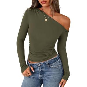 imagePRETTYGARDEN Womens Off Shoulder Long Sleeve Shirts 2026 Fall Ruched Fitted Asymmetrical Going Out Tops Trendy Y2K ClothesArmy Green