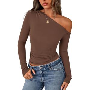 imagePRETTYGARDEN Womens Off Shoulder Long Sleeve Shirts 2026 Fall Ruched Fitted Asymmetrical Going Out Tops Trendy Y2K ClothesBrown