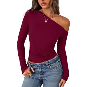 imagePRETTYGARDEN Womens Off Shoulder Long Sleeve Shirts 2026 Fall Ruched Fitted Asymmetrical Going Out Tops Trendy Y2K ClothesBurgundy