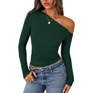 imagePRETTYGARDEN Womens Off Shoulder Long Sleeve Shirts 2026 Fall Ruched Fitted Asymmetrical Going Out Tops Trendy Y2K ClothesDark Green