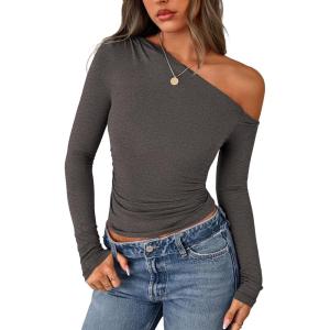imagePRETTYGARDEN Womens Off Shoulder Long Sleeve Shirts 2026 Fall Ruched Fitted Asymmetrical Going Out Tops Trendy Y2K ClothesDark Grey