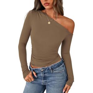 imagePRETTYGARDEN Womens Off Shoulder Long Sleeve Shirts 2026 Fall Ruched Fitted Asymmetrical Going Out Tops Trendy Y2K ClothesKhaki