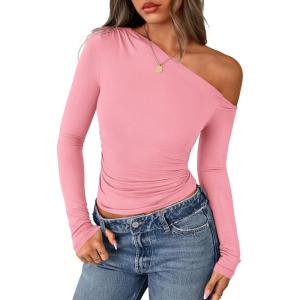 imagePRETTYGARDEN Womens Off Shoulder Long Sleeve Shirts 2026 Fall Ruched Fitted Asymmetrical Going Out Tops Trendy Y2K ClothesPink