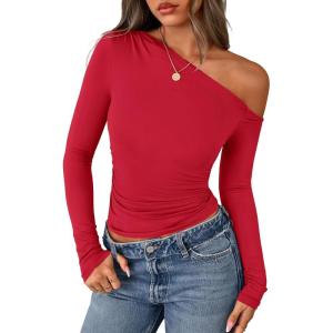 imagePRETTYGARDEN Womens Off Shoulder Long Sleeve Shirts 2026 Fall Ruched Fitted Asymmetrical Going Out Tops Trendy Y2K ClothesRed