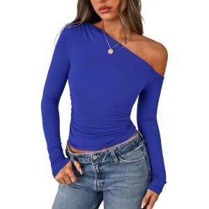 imagePRETTYGARDEN Womens Off Shoulder Long Sleeve Shirts 2026 Fall Ruched Fitted Asymmetrical Going Out Tops Trendy Y2K ClothesRoyal Blue
