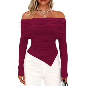 imagePRETTYGARDEN Womens Off The Shoulder Tops Spring Fashion 2026 Long Sleeve Shirts Going Out Slim Fitted Blouses Fall ClothesBurgundy