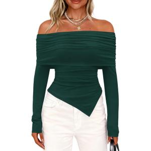 imagePRETTYGARDEN Womens Off The Shoulder Tops Spring Fashion 2026 Long Sleeve Shirts Going Out Slim Fitted Blouses Fall ClothesGreen