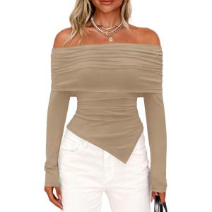 imagePRETTYGARDEN Womens Off The Shoulder Tops Spring Fashion 2026 Long Sleeve Shirts Going Out Slim Fitted Blouses Fall ClothesKhaki