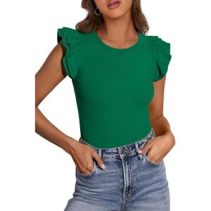 imagePRETTYGARDEN Womens Summer Crew Neck T Shirts 2026 Trendy Ruffle Sleeve Slim Fit Knit Going Out Tops Casual Spring ClothesGreen