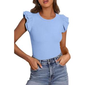 imagePRETTYGARDEN Womens Summer Crew Neck T Shirts 2026 Trendy Ruffle Sleeve Slim Fit Knit Going Out Tops Casual Spring ClothesLight Blue