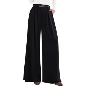 imagePRETTYGARDEN Womens Fall Wide Leg Trousers 2026 High Elastic Waist Loose Pleated Long Flowy Palazzo Work Pants with PocketsBlack