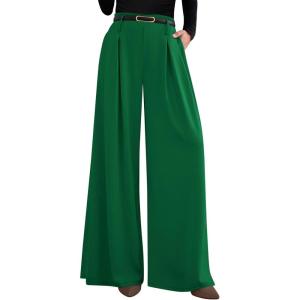 imagePRETTYGARDEN Womens Fall Wide Leg Trousers 2026 High Elastic Waist Loose Pleated Long Flowy Palazzo Work Pants with PocketsGreen