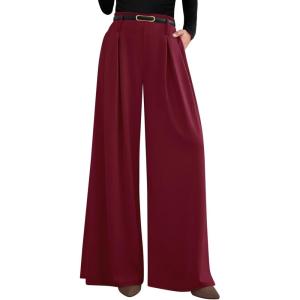 imagePRETTYGARDEN Womens Fall Wide Leg Trousers 2026 High Elastic Waist Loose Pleated Long Flowy Palazzo Work Pants with PocketsWine Red