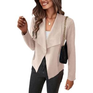 imagePRETTYGARDEN Womens Faux Suede Jackets 2026 Fashion Fall Clothes Long Sleeve Open Front Cropped Coat OutwearBeige Apricot