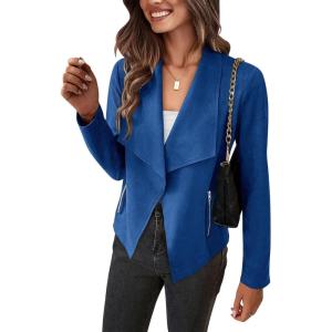 imagePRETTYGARDEN Womens Faux Suede Jackets 2026 Fashion Fall Clothes Long Sleeve Open Front Cropped Coat OutwearBlue