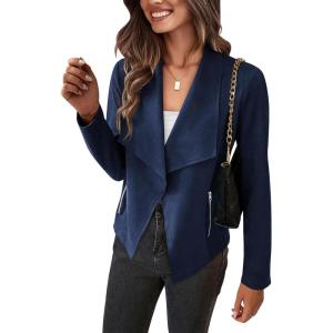 imagePRETTYGARDEN Womens Faux Suede Jackets 2026 Fashion Fall Clothes Long Sleeve Open Front Cropped Coat OutwearNavy