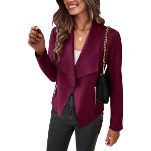 imagePRETTYGARDEN Womens Faux Suede Jackets 2026 Fashion Fall Clothes Long Sleeve Open Front Cropped Coat OutwearPurple Red