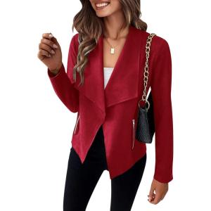 imagePRETTYGARDEN Womens Faux Suede Jackets 2026 Fashion Fall Clothes Long Sleeve Open Front Cropped Coat OutwearRed