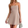 imagePRETTYGARDEN Womens Strapless Mini Summer Dress 2026 Spring A Line Tube Top Wedding Guest Cocktail Party Short DressesBeige