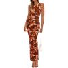 imagePRETTYGARDEN Womens Summer Wedding Guest Dress 2026 Spring Mesh Sleeveless Bodycon Ruched Floral Holiday Maxi Long DressesFloral Red Brown