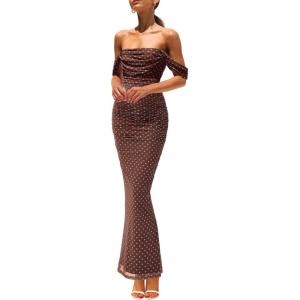 imagePRETTYGARDEN Cocktail Dresses for Women 2026 Summer Floral Off Shoulder Ruched Mesh Elegant Wedding Guest Maxi Dress01 Dot Brown