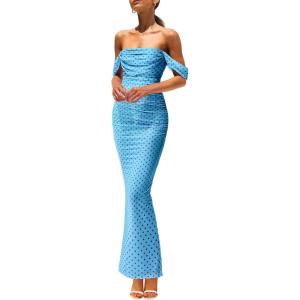 imagePRETTYGARDEN Cocktail Dresses for Women 2026 Summer Floral Off Shoulder Ruched Mesh Elegant Wedding Guest Maxi Dress01 Dot Light Blue