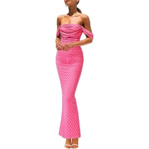 imagePRETTYGARDEN Cocktail Dresses for Women 2026 Summer Floral Off Shoulder Ruched Mesh Elegant Wedding Guest Maxi Dress01 Dot Pink
