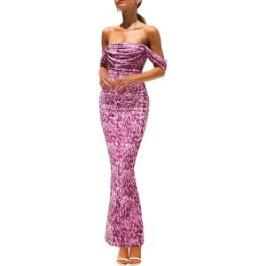 imagePRETTYGARDEN Cocktail Dresses for Women 2026 Summer Floral Off Shoulder Ruched Mesh Elegant Wedding Guest Maxi DressDark Purple