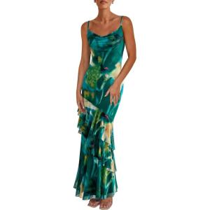 imagePRETTYGARDEN Maxi Dresses for Women 2026 Summer Tiered Floral Beach Sundress Spaghetti Strap Spring Wedding Guest Long DressPrint Green