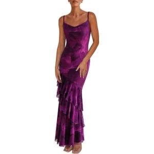 imagePRETTYGARDEN Maxi Dresses for Women 2026 Summer Tiered Floral Beach Sundress Spaghetti Strap Spring Wedding Guest Long DressPrint Purple
